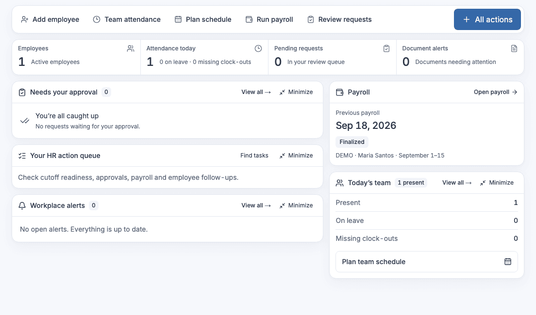 Actual ElevenOS HR dashboard with employee and attendance totals, approval queue and payroll panel using synthetic demonstration records